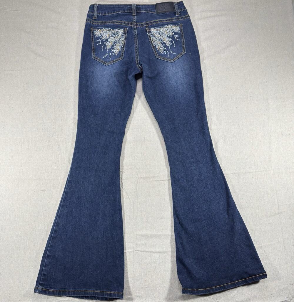 True Luck Girls Jeans 9/10 Blue Flared Denim Medium Wash Embroidered Pockets